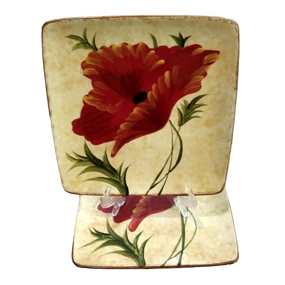 Pier 1 Square Poppies Salad Plate, Cottagecore Plate, Hand Painted Server Plate